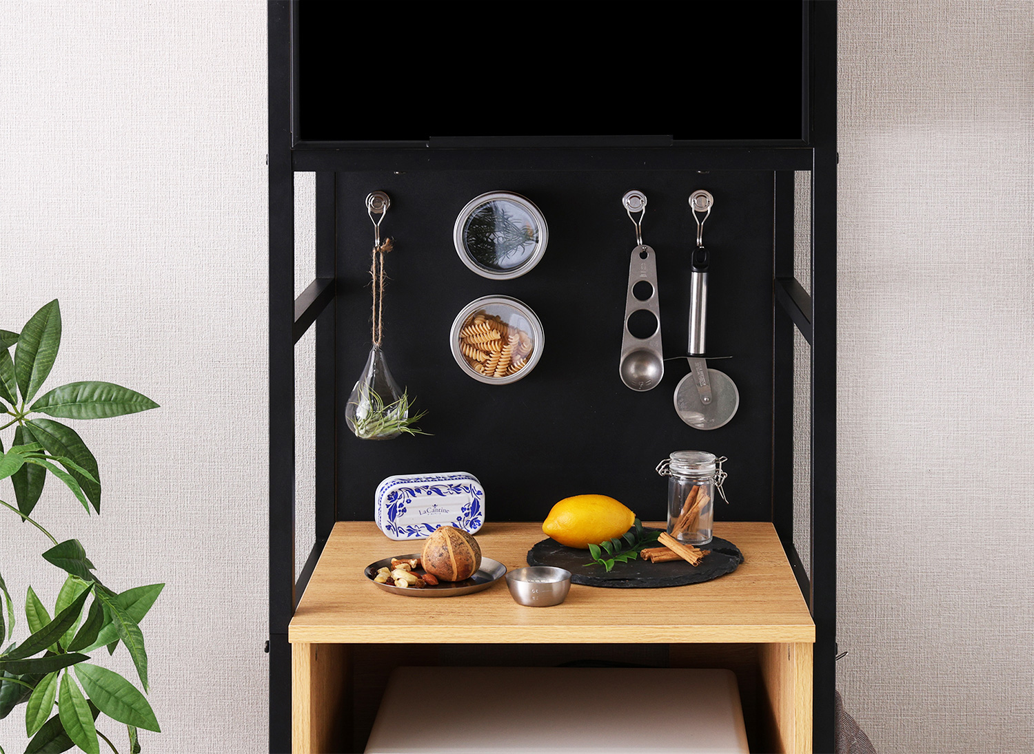 ヴィンテージ調マグネットスリム食器棚 ブラックガラス GREACK グリック 追加画像7