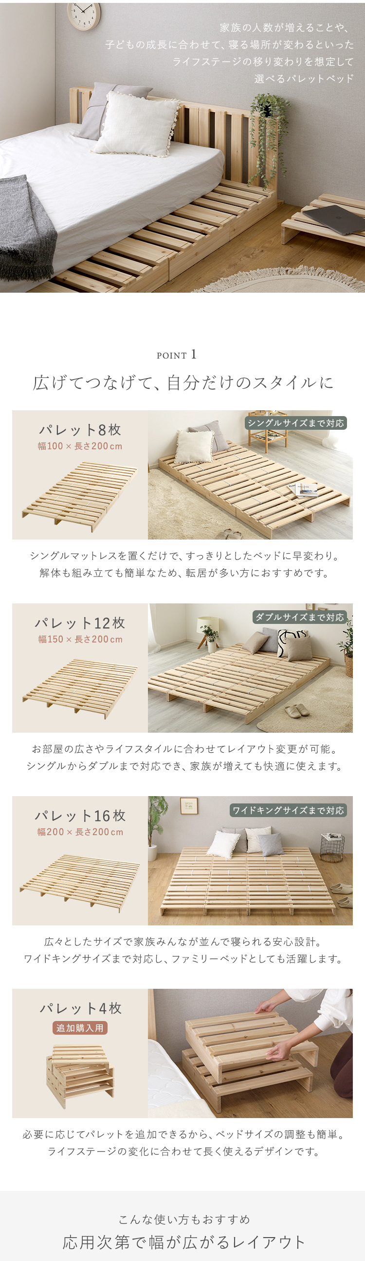 組み合わせ自由 天然木 すのこパレットベッド 商品説明画像2